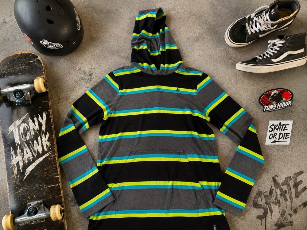 Tony Hawk Boys‎ Hoodie LG Black Stripe Pullover Kangaroo Pocket Vintage Skate